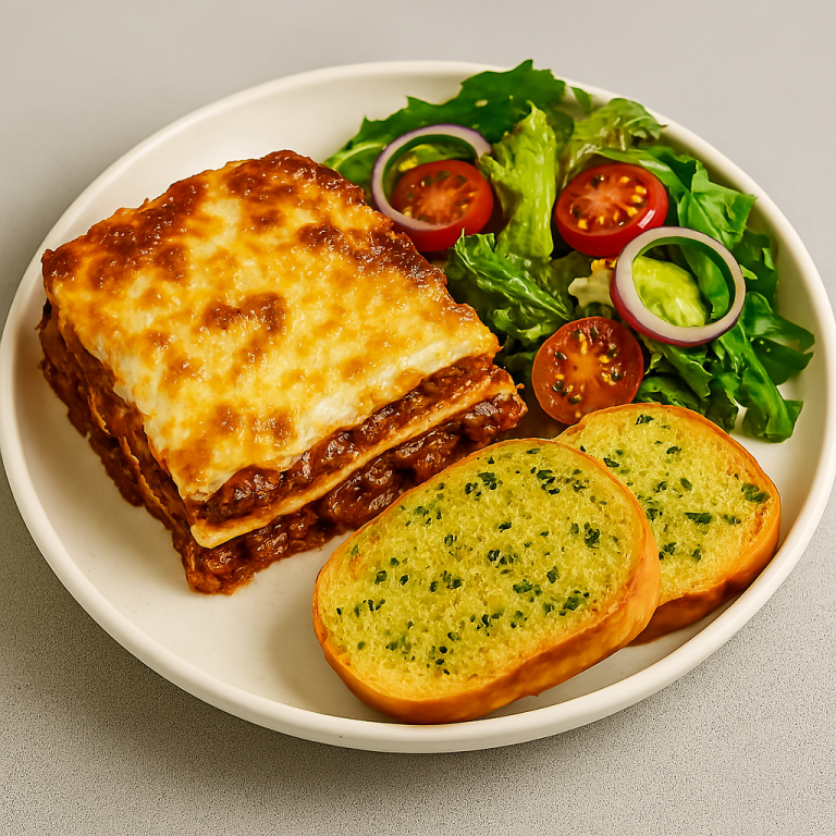 classic beef lasagna with garlic bread & salad