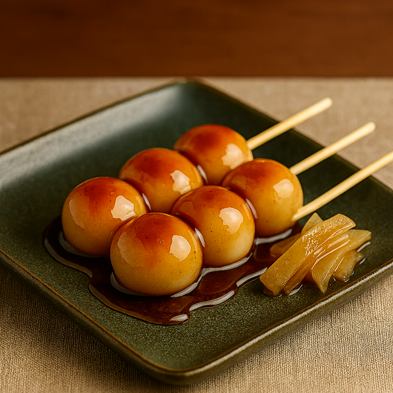 mitarashi dango (sweet soy glazed dumplings)