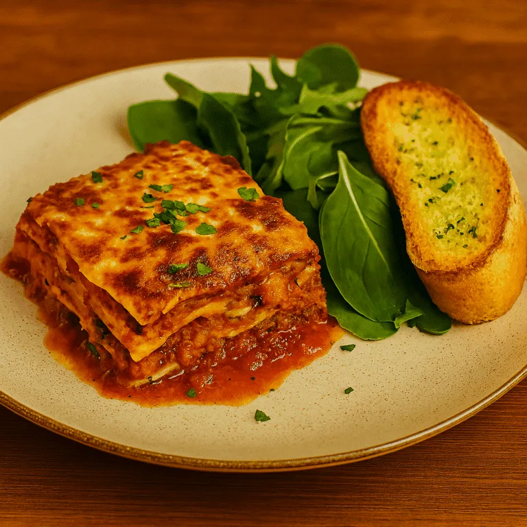 classic beef lasagna with garlic bread & salad