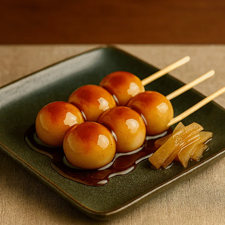 Mitarashi dango (sweet soy glazed dumplings) 